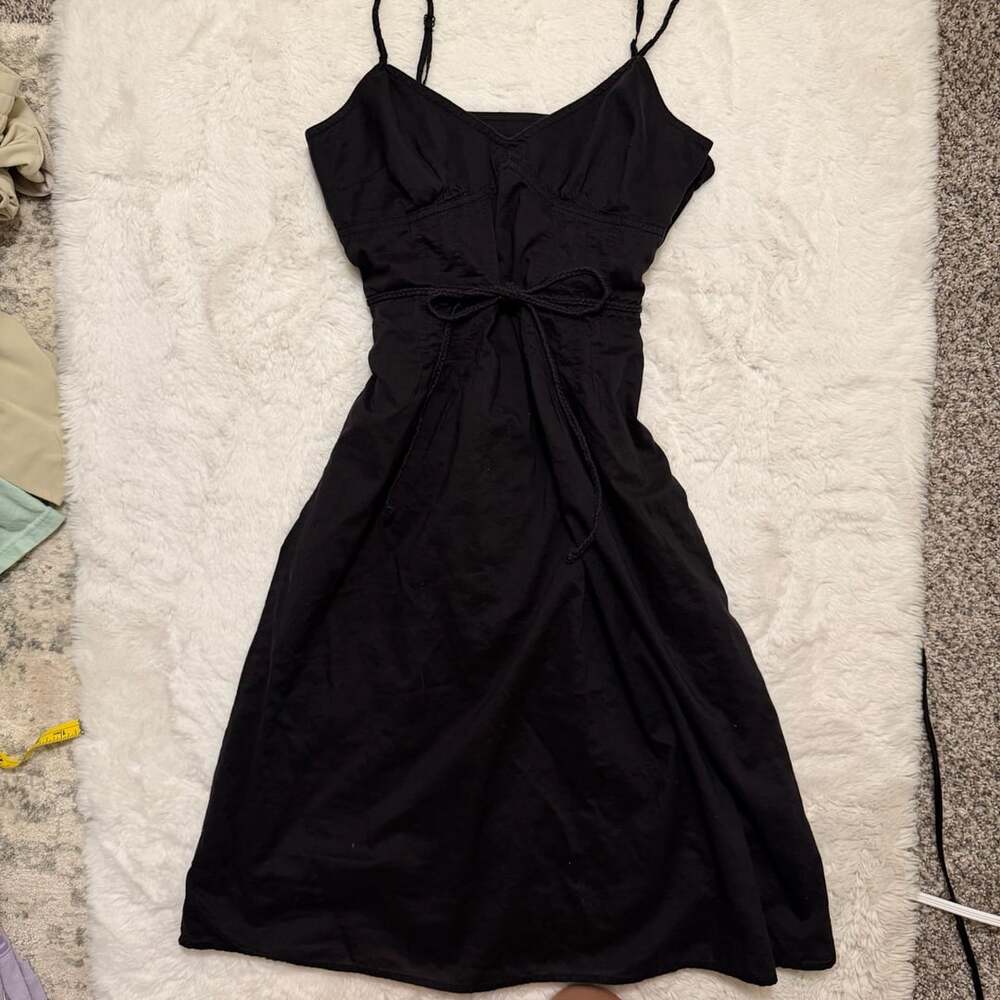 American Eagle Black Cotton Tie-Waist Midi Dress